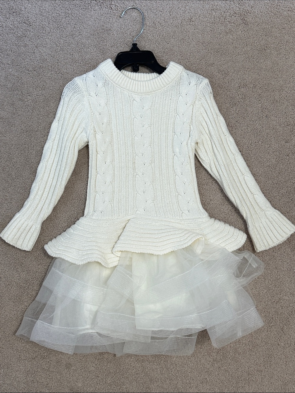 IRIS & IVY Cream Cable Knit Peplum Sweater Dress with Tulle Skirt